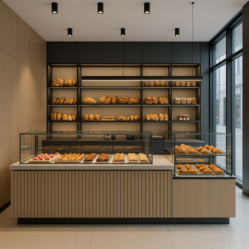 Bakery display case with various bread items in a modern setting