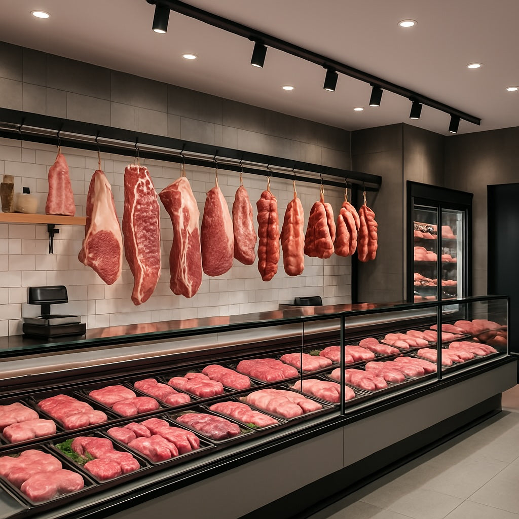 Display of raw meat in a refrigerated display case with hanging cuts in the background.