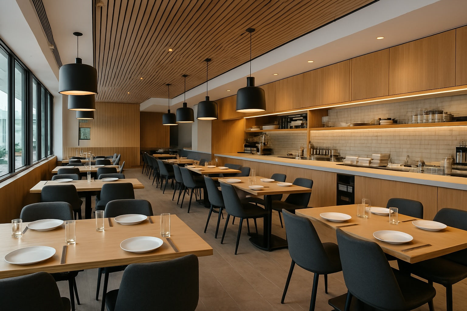 Modern restaurant interior with tables, chairs, and kitchen equipment.