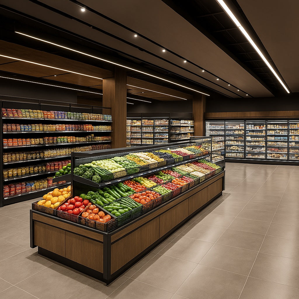 Grocery store interior with fresh produce display and shelves in the background