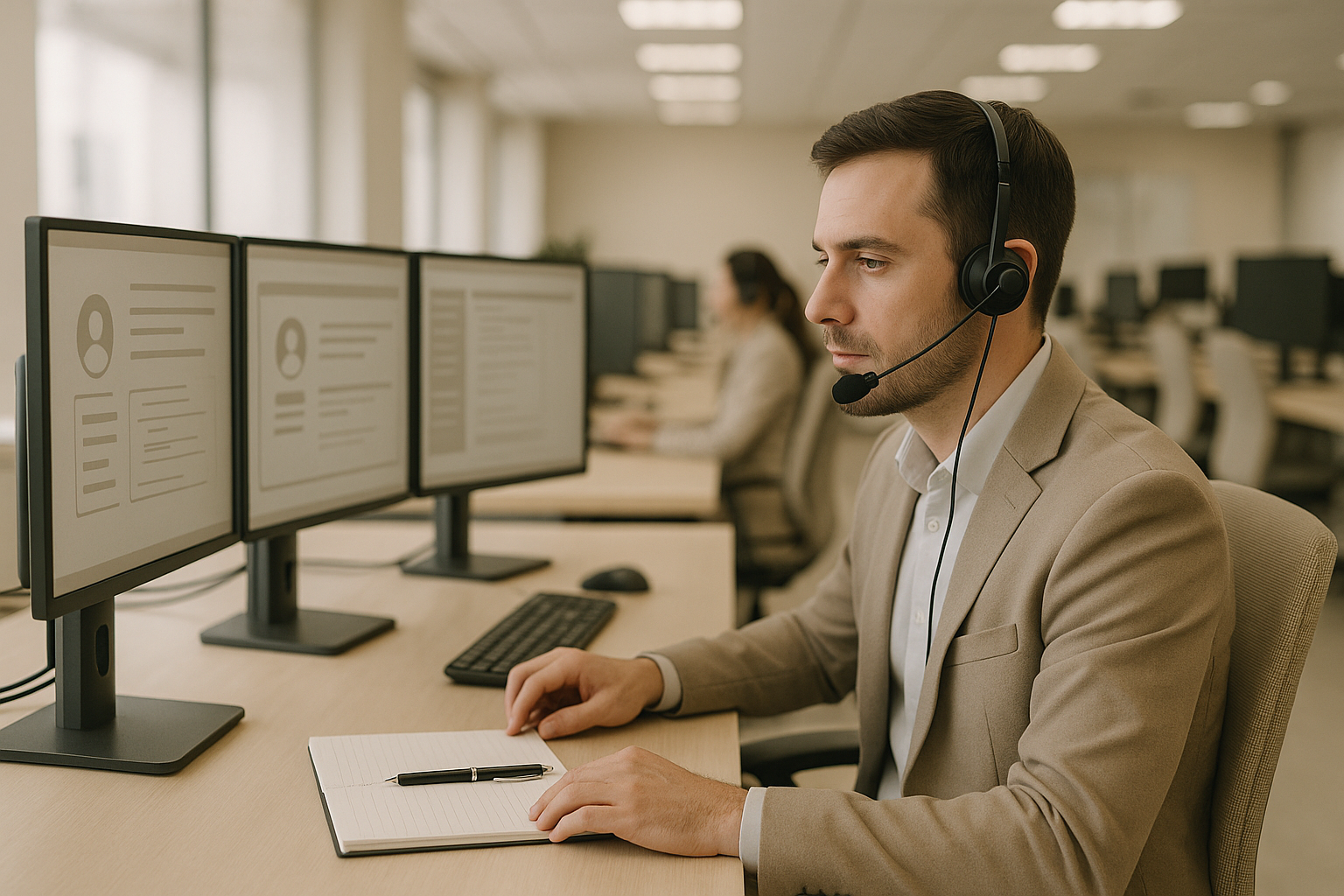 Man in a call center wearing a headset and working at a desk with multiple monitors.