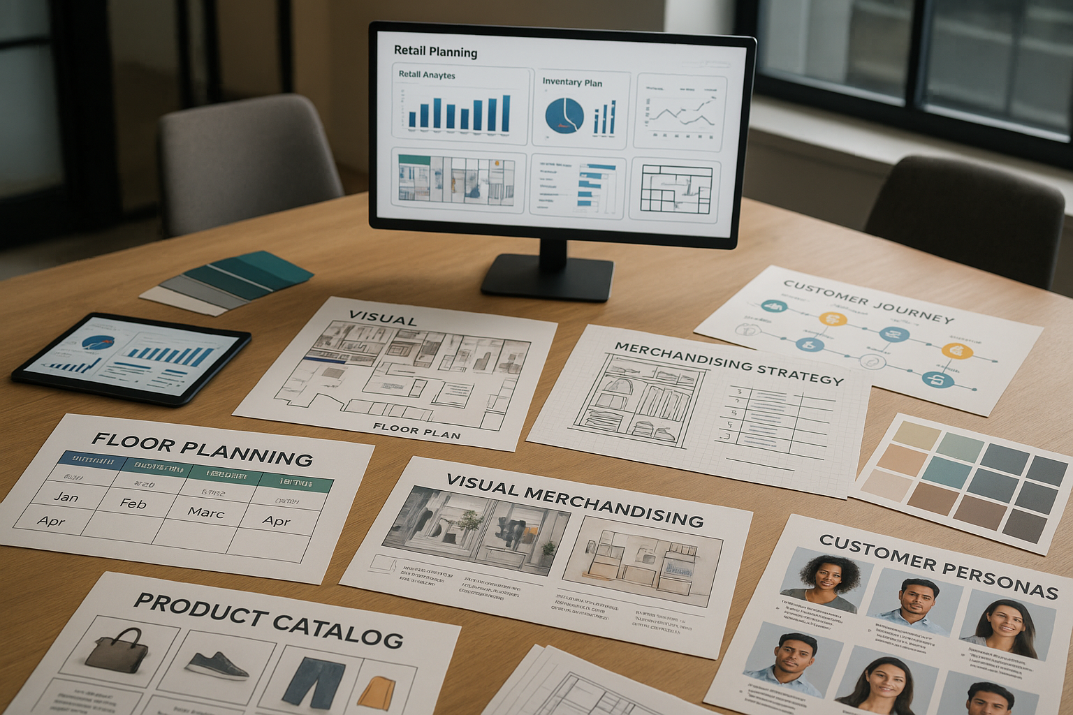 Table with business planning materials including charts, floor plans, and customer personas.