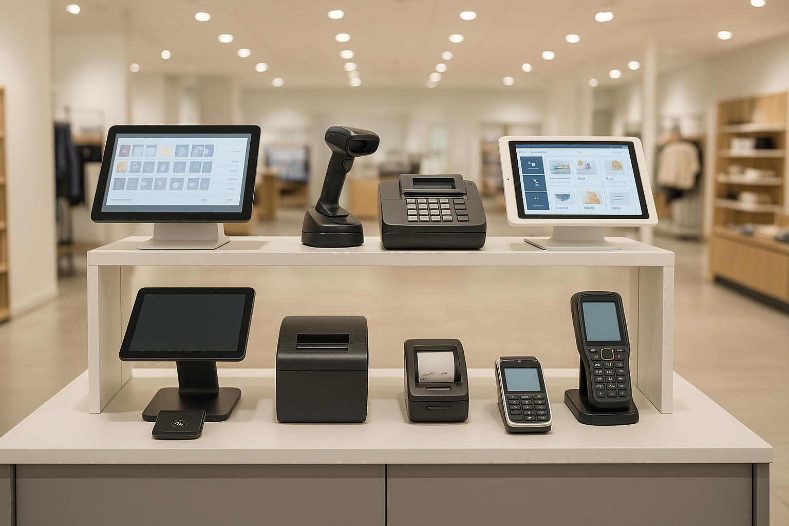 Collection of point-of-sale (POS) devices on display in a store setting.