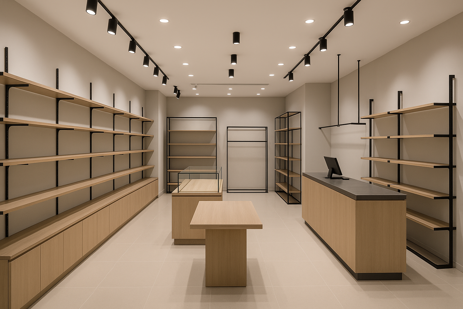 Modern interior design with wooden furniture and shelves.