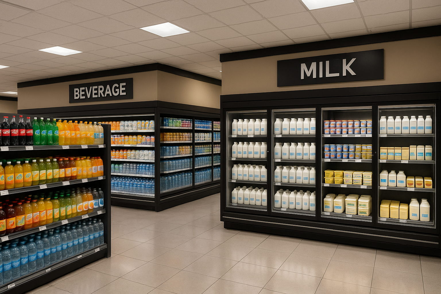 Supermarket interior with beverage, milk, and dairy sections.